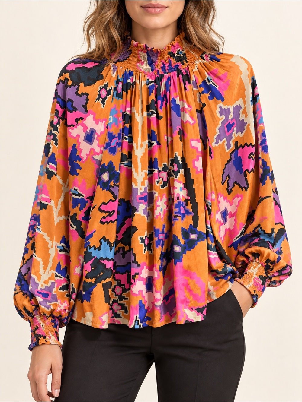 Oliphant Smocked High Neck Abstract Print Long Sleeve Blouse Size S